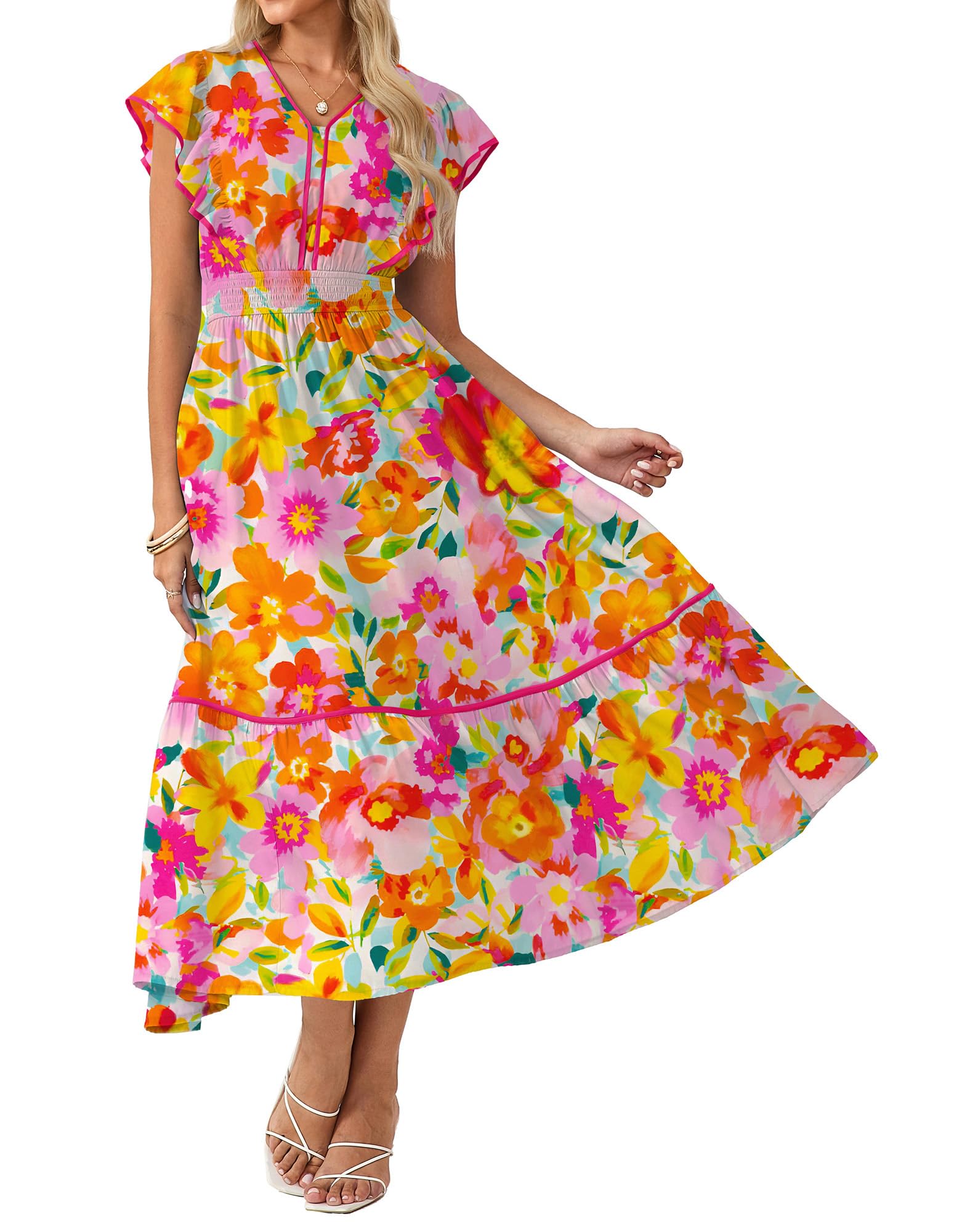 2026 Summer Wedding Guest Dresses for Women Ruffle Sleeve Boho Midi Dress Smocked Flowy Floral Dress with Pocket