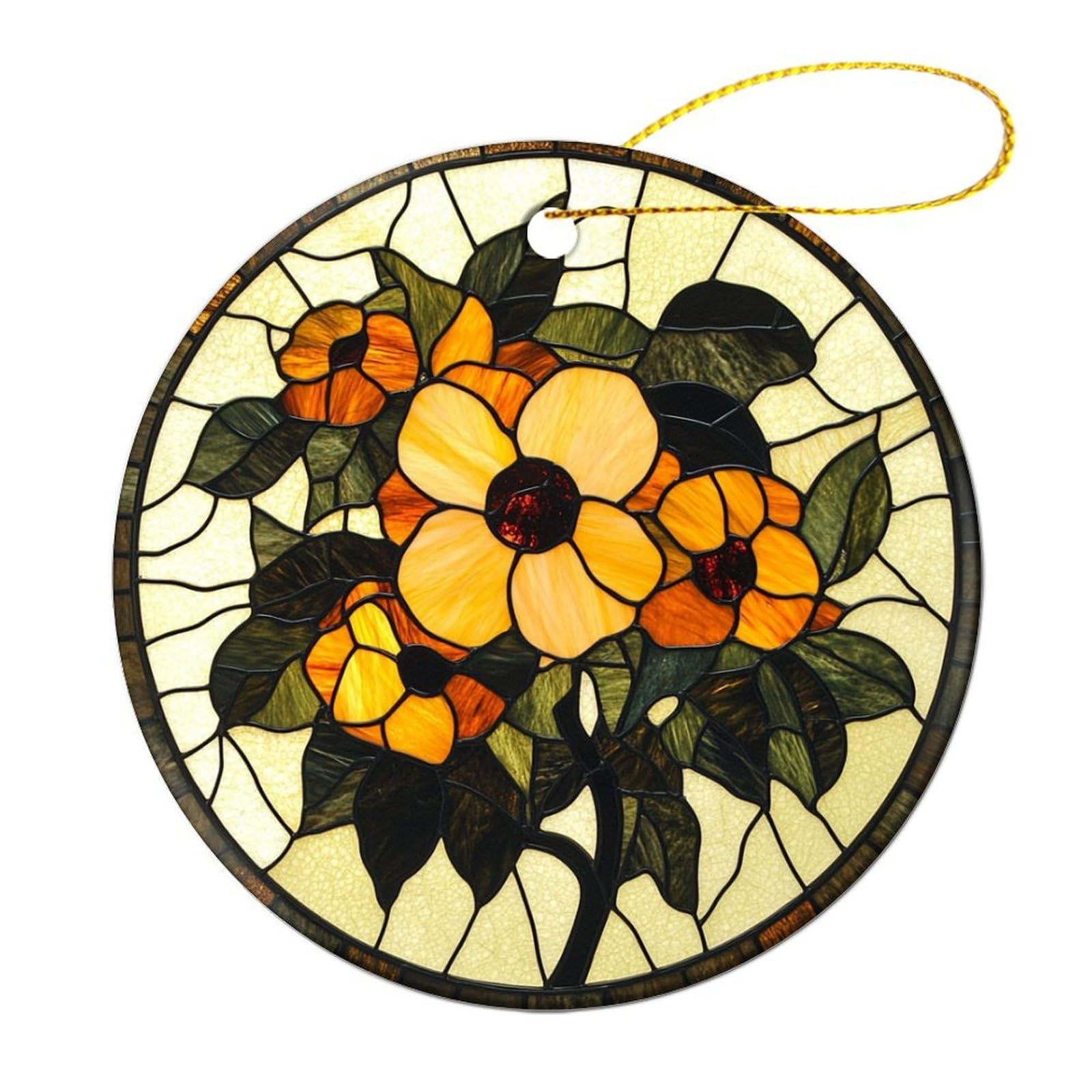 Stained Glass Yellow And Orange Flowers Christmas Tree Hanging Ornaments,2 Pieces, 7.2CM Round Double-Sided