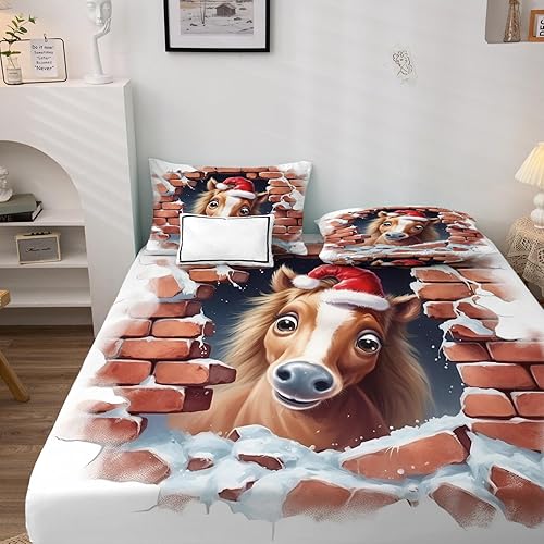 Miniatura 3 de Juego de sábanas de caballo de Navidad tamaño California King, divertidas sábanas de animales de granja, sábanas suaves y profundas y sin arrugas, 1