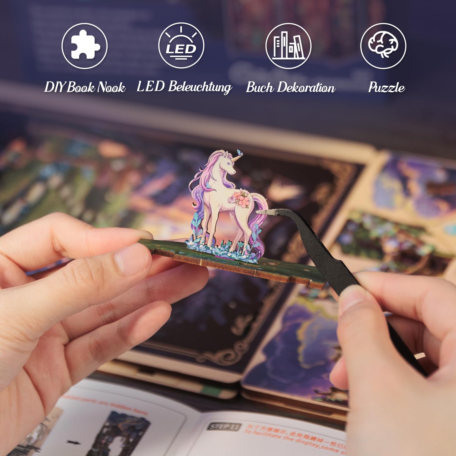 Cutefun DIY Book Nook - Kit per casa delle bambole in miniatura 3D, in legno, per libreria, con inserto per libreria, modello di costruzione, kit regalo creativo con luce (The Grace of the Forest)