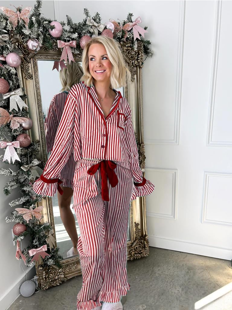 Sastianaen Women Christmas Pajamas Pant Set Bow Tie Long Sleeve Shirt Ruffle Trousers Striped 2 Piece Pjs Sets - Image 4