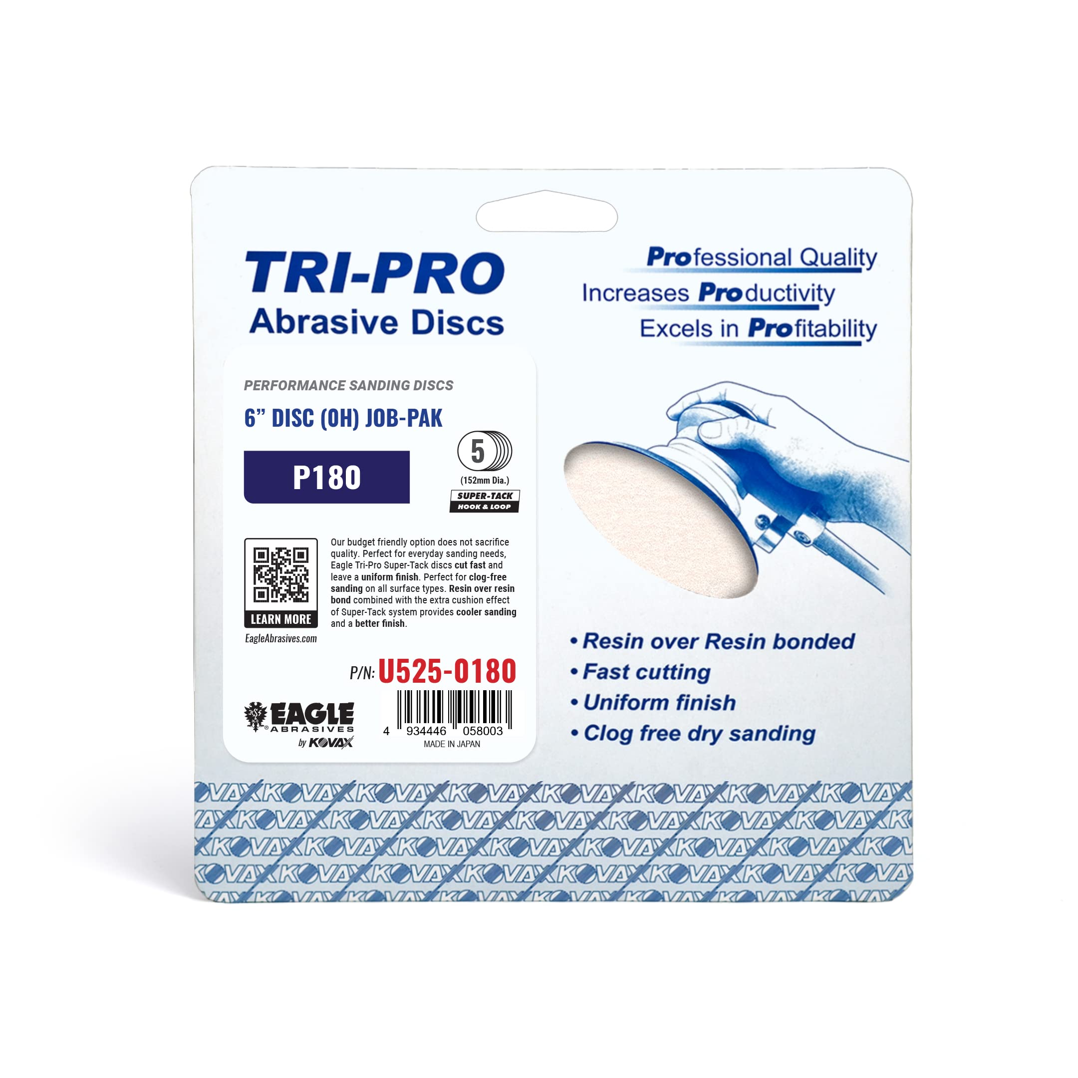 Eagle U525-0180 - 6 inch TRI-PRO SUPER-TACK Discs - Grit P180 - (Job Pak) - 5 Discs/Pack