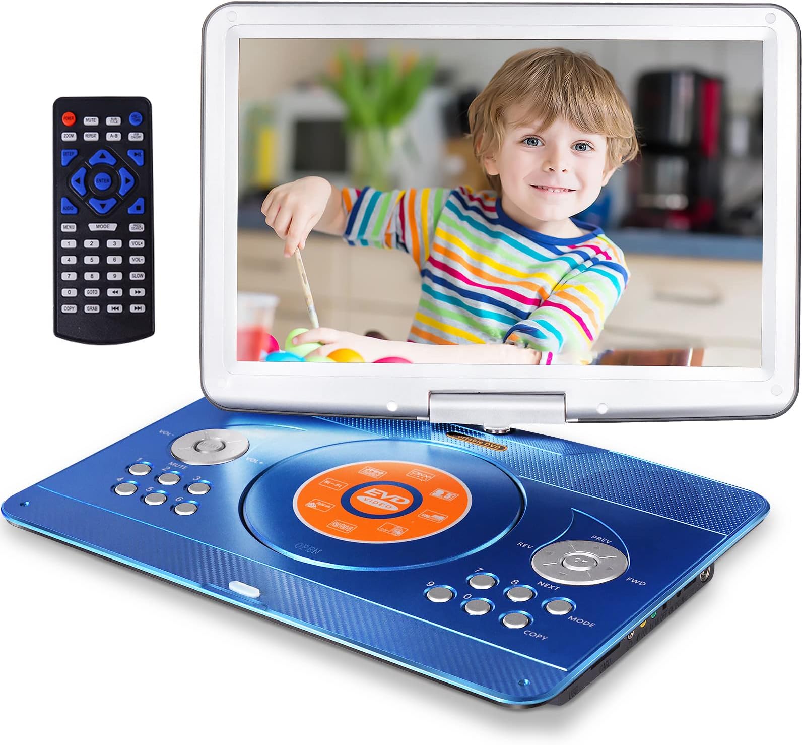 16.9" Portable Mobile DVD Player with 14.1" Large Swivel Screen with 6 Hrs Rechargeable Battery for Kids, Sync TV, Support USB SD Card with Car Charger (Blue)