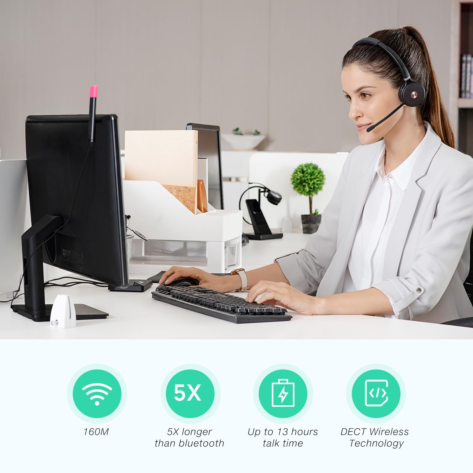 Yealink WH62 Auriculares inalámbricos DECT certificados para Equipos, Auriculares de Oficina de una Oreja para teléfono de Escritorio y softphone de computadora, micrófono con cancelación de Ruido, 1