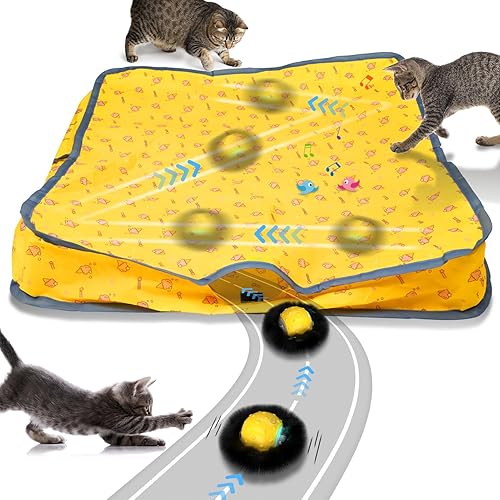 Waaiio Interactive Cat Toys for Indoor Cats,Self Rolling Cat Ball in Play Mat,Automatic Motion Activated Moving Toy Hide and Seek Chase Game for Bored Cats,Real Chirp Birds,Rechargeable - yellow