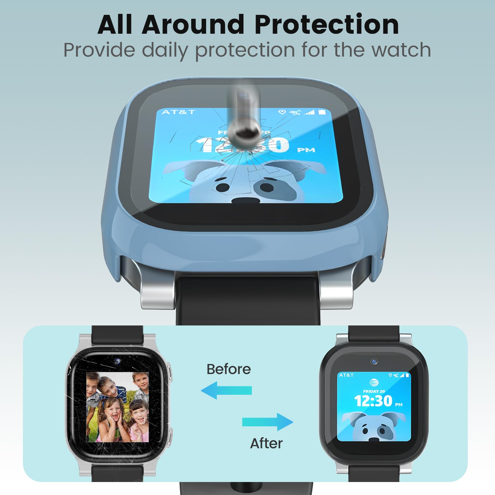 Protector de pantalla compatible con AT&T amiGO Jr Watch, paquete de 2 fundas de policarbonato duro y vidrio templado para amiGo Kids Smartwatch Accesorios, antiarañazos y sensible al tacto