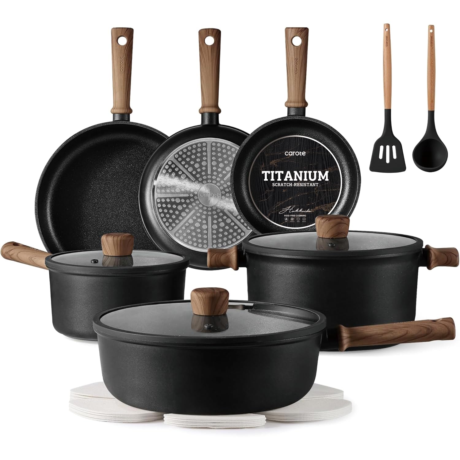 CAROTE 16 piece titanium nonstick cookware set in black with glass lids