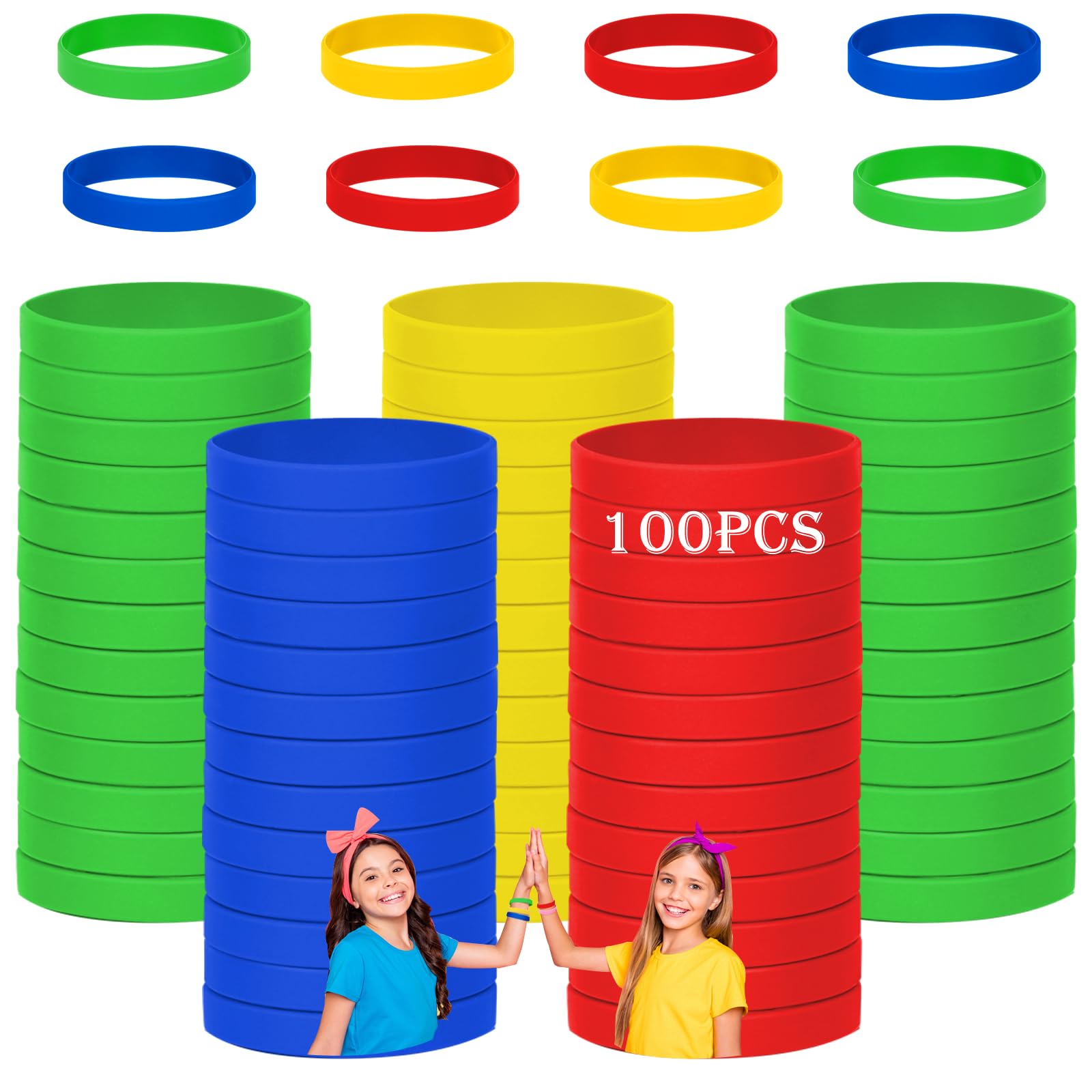 Bracelet en silicone pour enfants lot de 100 17,8 cm vert 4 couleurs 8-12 ans