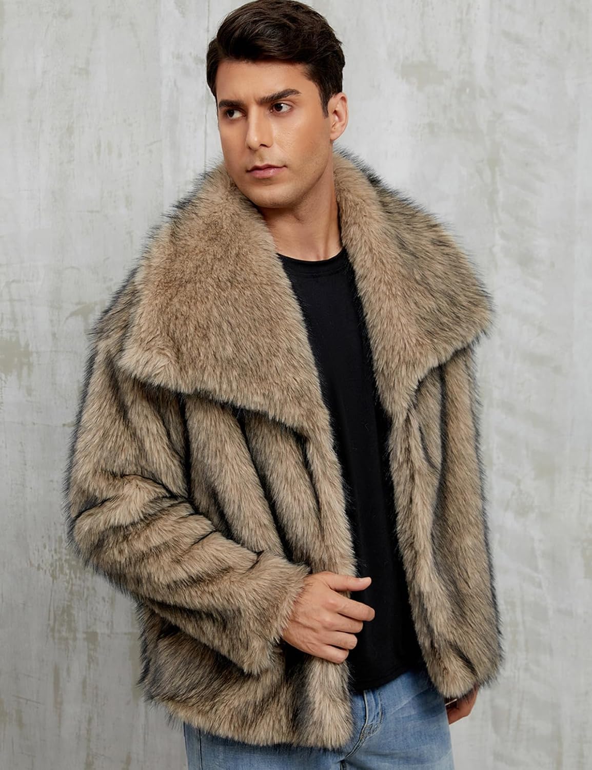 Gihuo Mens Winter Faux Fur Coat Warm Lapel Shaggy Jackets Short Fur Jacket Button Down Outerwear Luxury Overcoat - Image 4