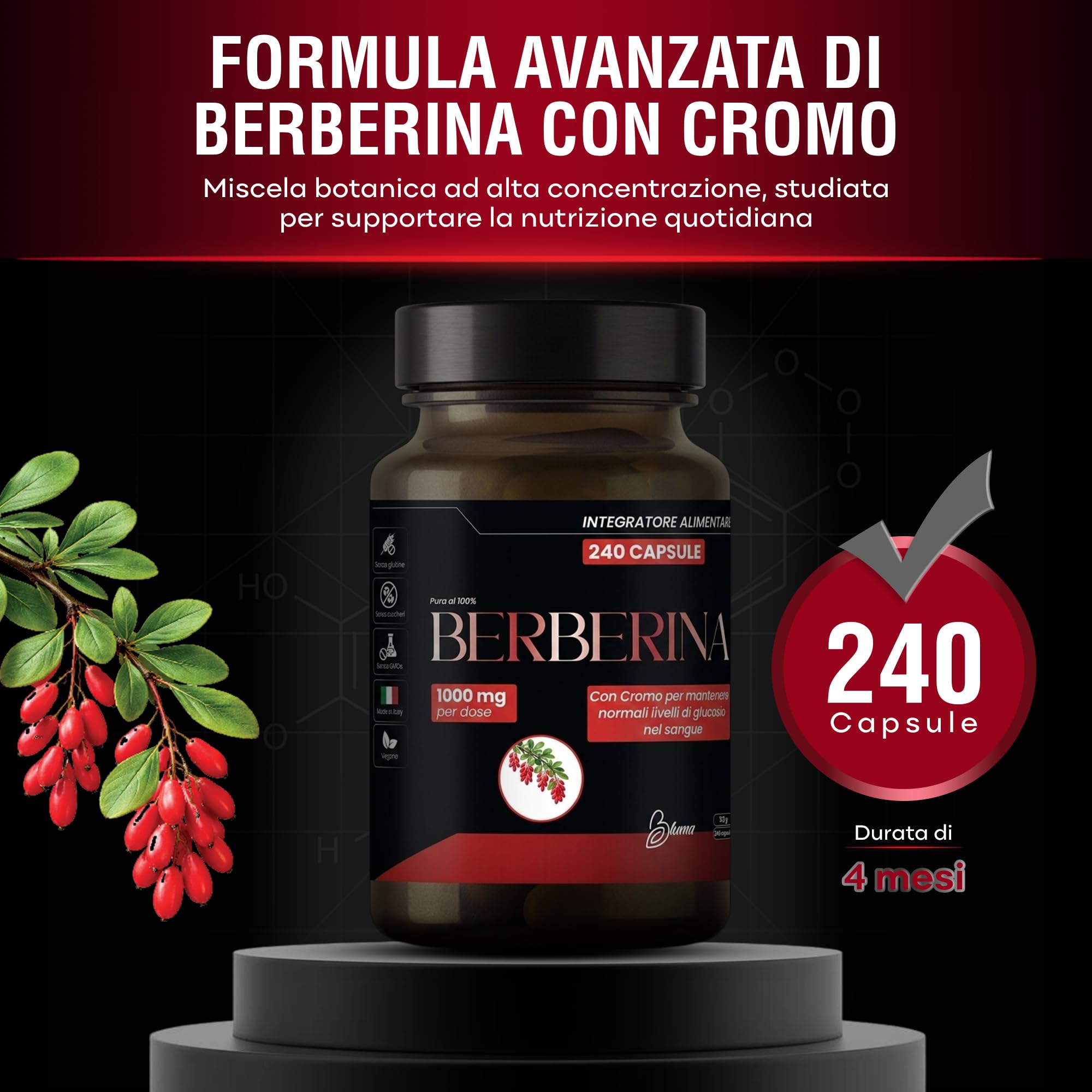 Berberina 1000mg Pura – 240 Capsule Vegane (4 Mesi) – Berberis Aristata 98% con Pepe Nero e Cromo – Supporto Metabolismo dei Macronutrienti e Livelli di Glucosio – Integratore Naturale Alto Dosaggio - 3