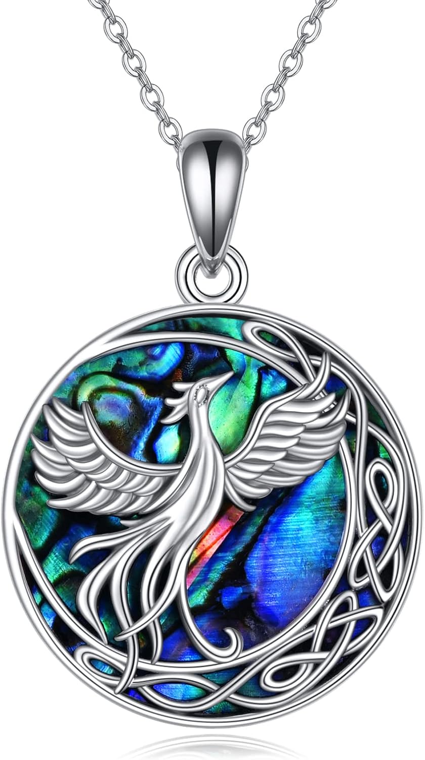ONEFINITY Phoenix Dragon Necklace Sterling Silver Abalone Shell Crystal Celtic Crescent Dragon Phoenix Necklace Pendant Jewelry for Women Girls Christmas Gifts