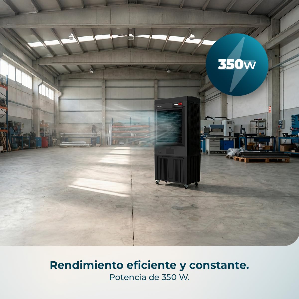 Cecotec Climatizador Evaporativo Industrial AirIndustry 110000. 350W, Depósito de 110 litros, Caudal de 9000 m3/h, 3 Velocidades Ajustables, Oscilación, Ruedas Multidireccionales