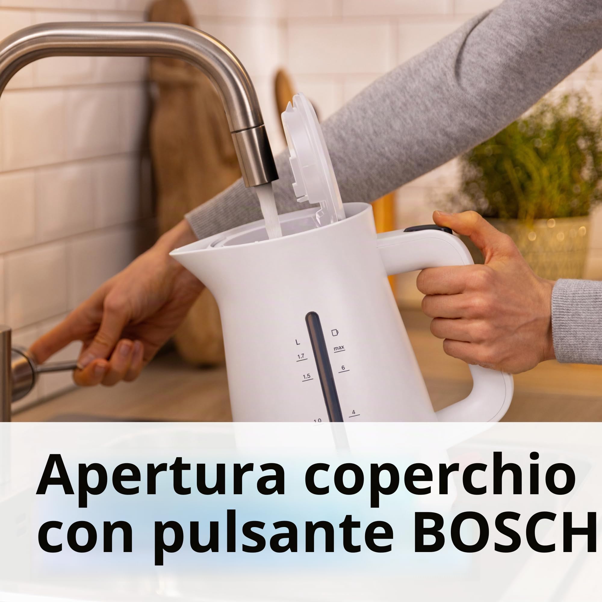 Bosch TWK3M121 Bollitore, Capacità 1.7 L, Filtro Anticalcare, Bianco | Bollitore, Riscaldamento Rapido, Filtro Removibile, Indicatore Livello Acqua, Spegnimento automatico, Facile da Pulire