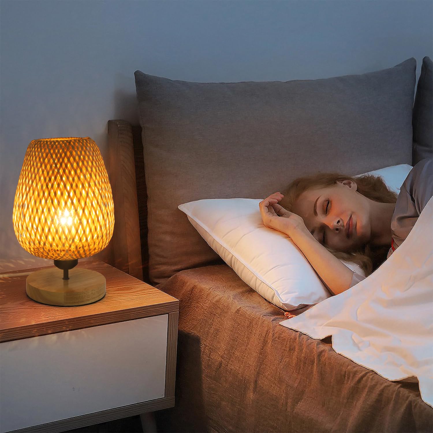 Comely Bambou Tissé Lampe de Table, Lampe de Chevet Abat-Jour en Bambou | Base en Bois Naturel pour Chambres à Coucher, Bureau, Salle à Manger