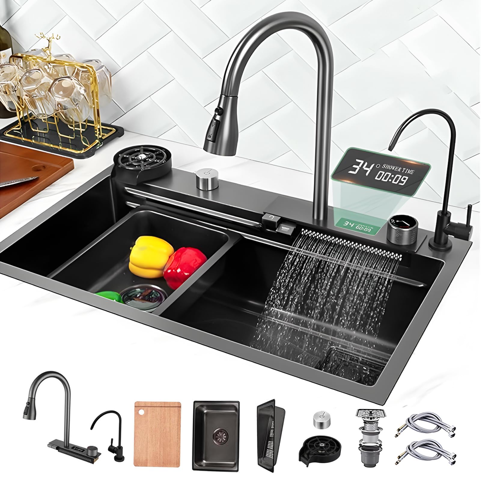 Lavello da Cucina, 1 Vasca, Nero da Incasso, 75 x 45 cm, Acciaio Inox, Grande, da Lavoro, indicatore della Temperatura dell'Acqua, con Set Rubinetto Estraibile