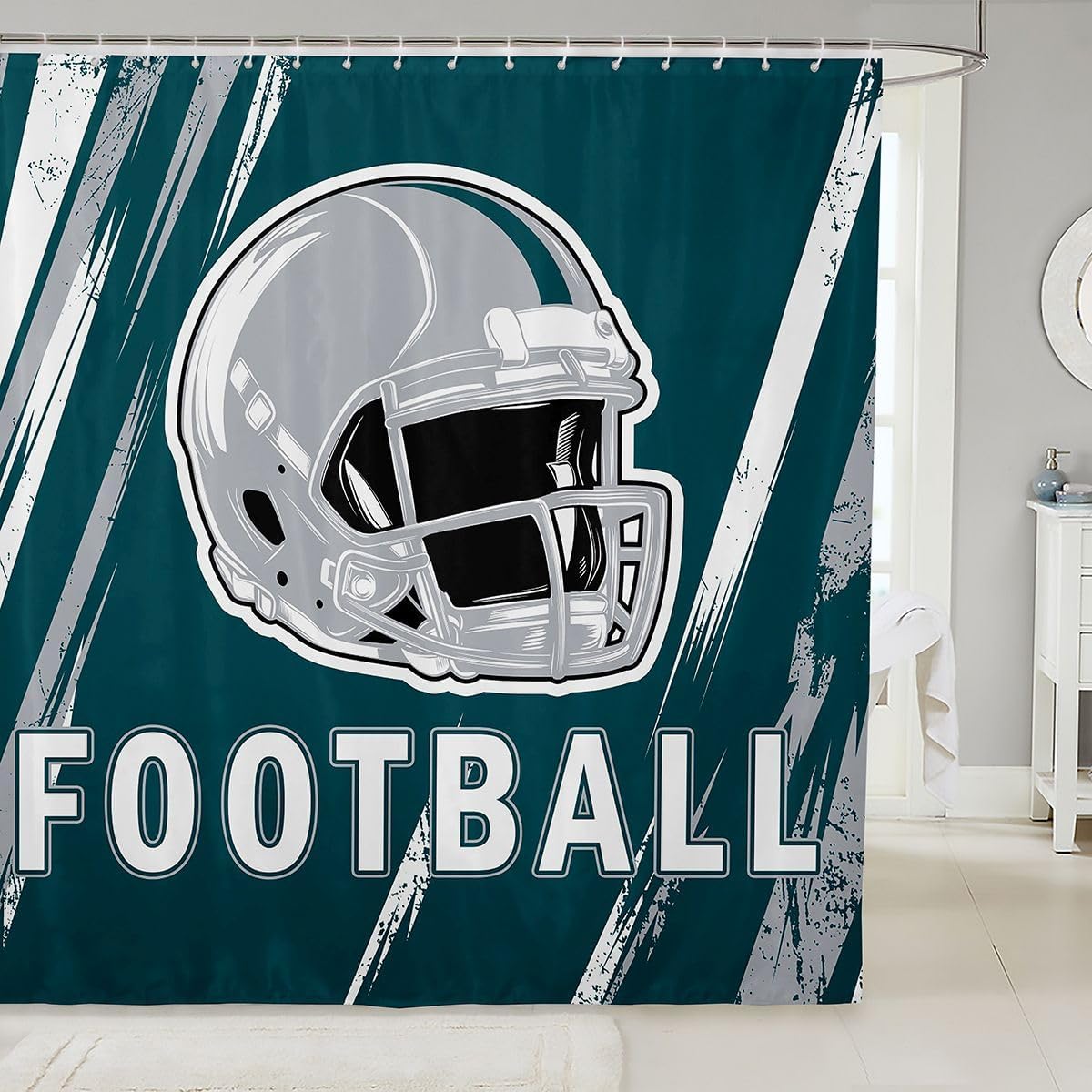 Erosebridal Sports Helmet Shower Curtain Gridiron Kids Bathtub Decor, Grunge Retro Ball Game Fabric Shower Curtain Rugby Yellow Stripes Bathroom Accessories 72" Wx78 L