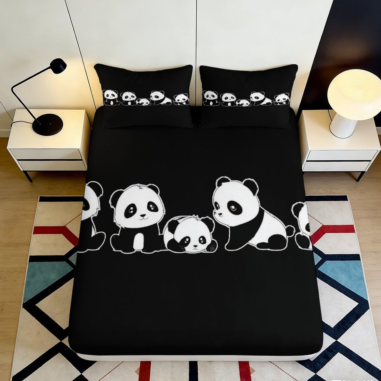 3D Printed Panda Pattern Fitted Sheet Microfiber Soft Breathable Black Cartoon Bed Cover for Bedroom Dormitory Guest Room Mattress Protection 160x200x25cm