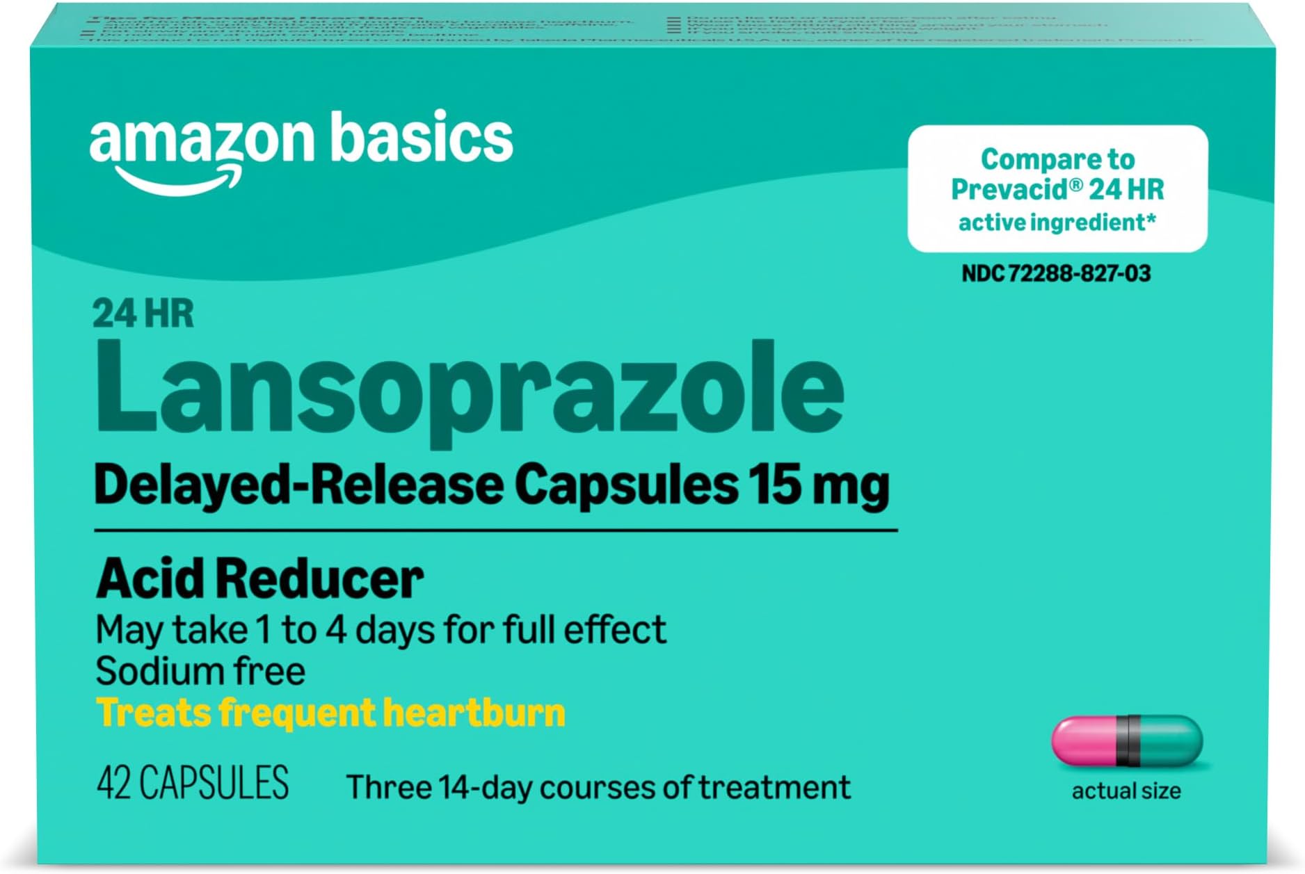 Amazon Basics Lansoprazole Delayed Release Capsules, 15 mg, Proton Pump Inhibitor, 24 Hour Heartburn Medicine, 42 Count (Previously Care)