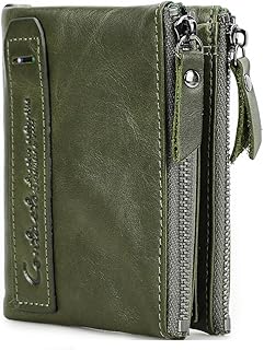 sam's design Mens/Womens Genuine Leather Wallet RFID Blocking Bifold Double Zipper Coin Pocket Purse Green-picture-16