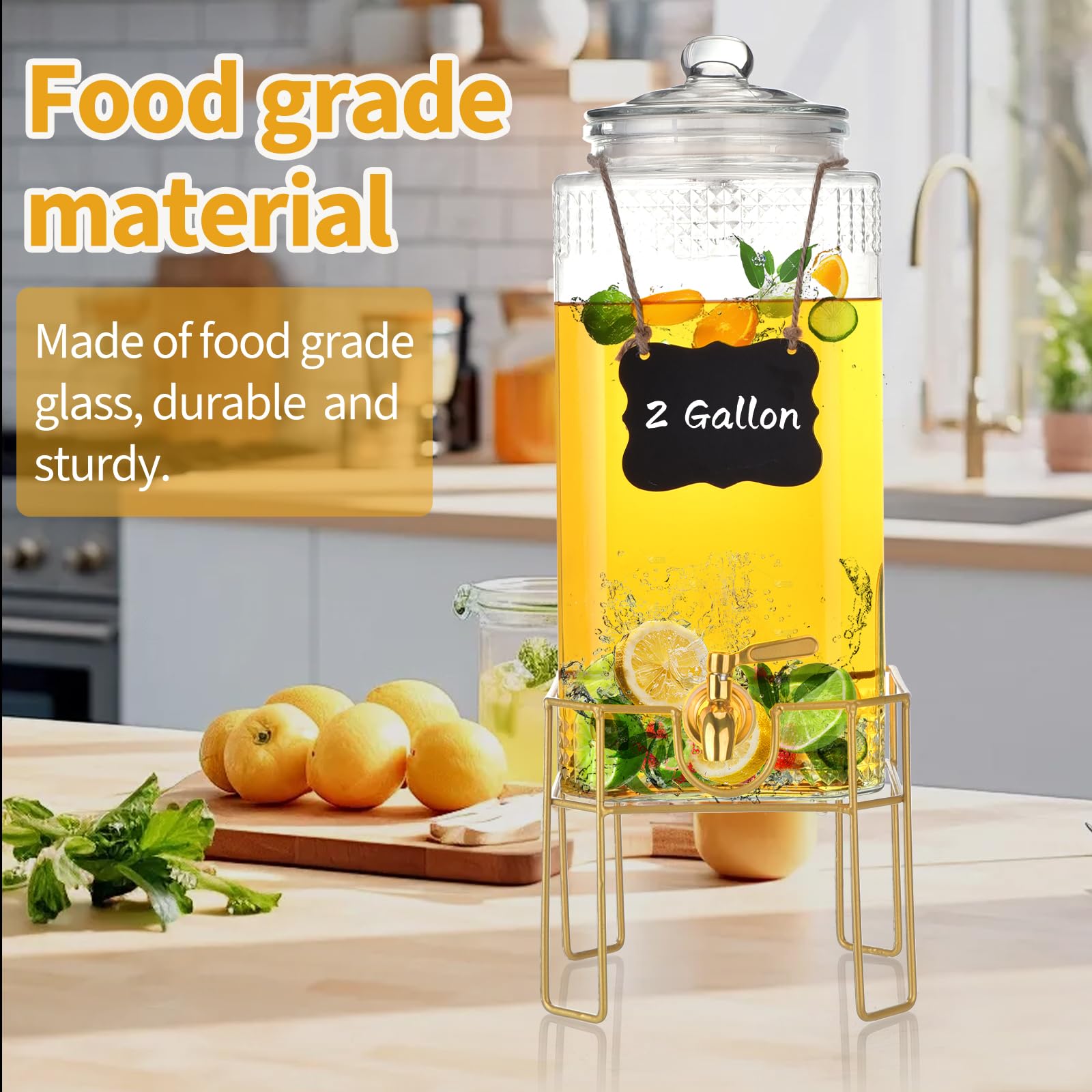 Dispensador de bebidas, dispensadores de bebidas de 2 galones para fiestas, dispensador de bebidas con soporte, tapa de vidrio y espiga de acero inoxidable a prueba de fugas, ideal para limonada,