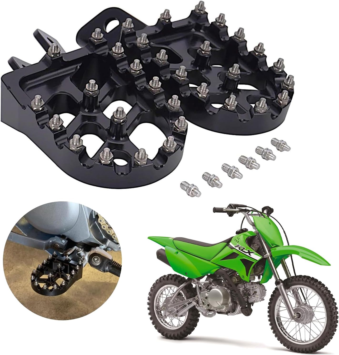 Black Foot Pegs Pedals Footpegs Step for Kawasaki KLX110 2002-2024 & KLX110L 2010-2024 Dirt Pit Bike | Replaces OEM Part 34028-1237/34028-1238