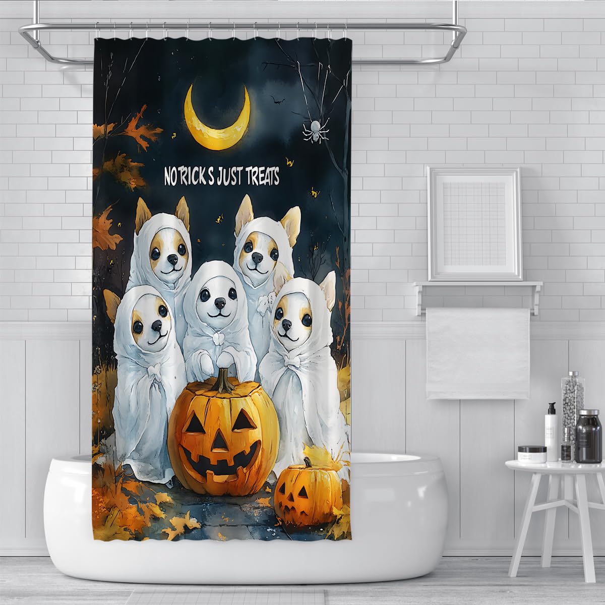 Cortina de Ducha Cachorro Lindo Halloween Luna Calabaza 180x200cm