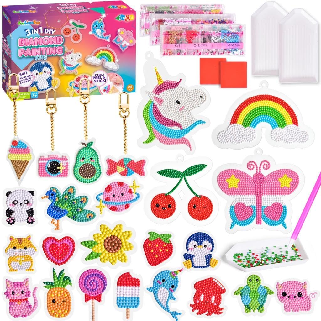 FUN LITTLE TOYS 24pcs Diamond Painting Stickers Kits, Arts and Crafts Kits for Girls Age 6-8-12 DIY Diamond Paiting Kits Dot Gem Key Chains Kids Gift Mini Painting Kits for Beginners Twins