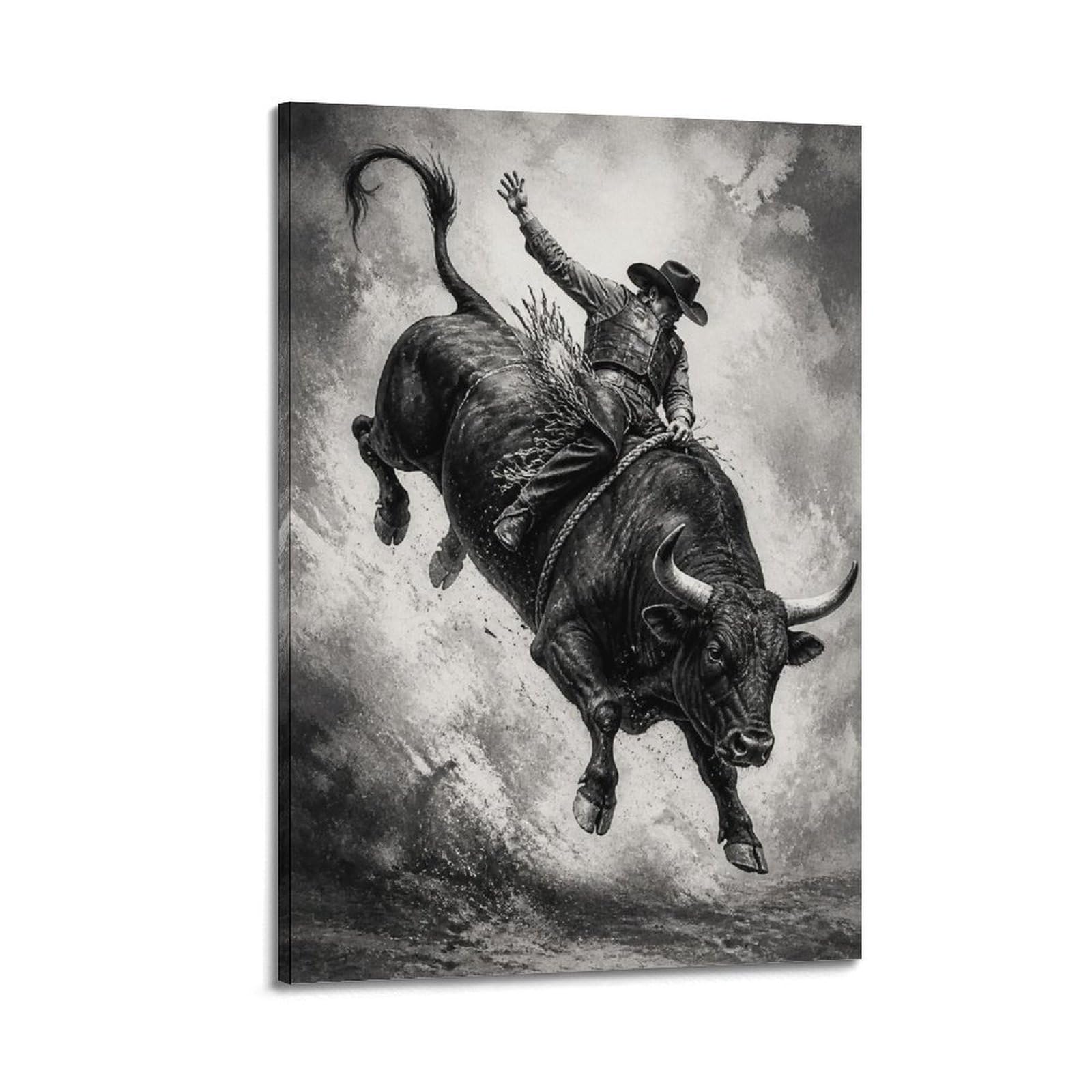OKAHYS Impression sur toile style rodéo Bull Rider monochrome à contraste élevé - Décoration murale idéale pour famille, cave, salle de jeux, chambre de garçons et de filles - 60 x 90 cm