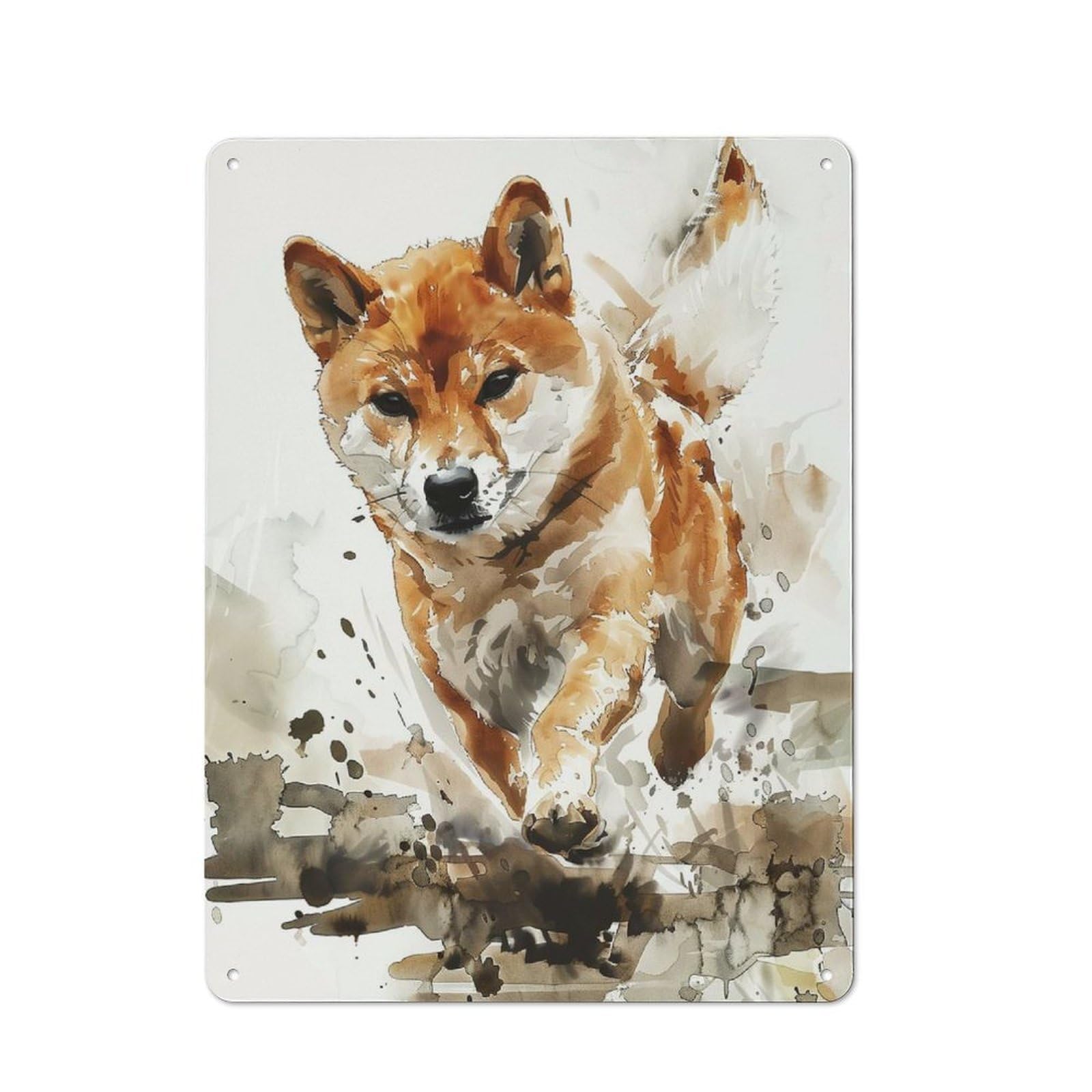 Junmoney Running Shiba Inu Watercolor Garage Metal Sign 40X30cm, Retro Workshop Wall Decor For Tool Room, Garage, Studio Or Home Bar