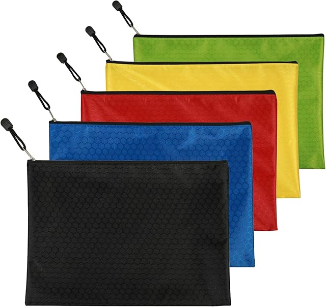 MEZOOM 5 Pcs A4 Zip Files Bags Document Pocket Holder Storage Organizer Waterproof Pouch Zipper File Category Bag for Cosmetics Offices Stationery
