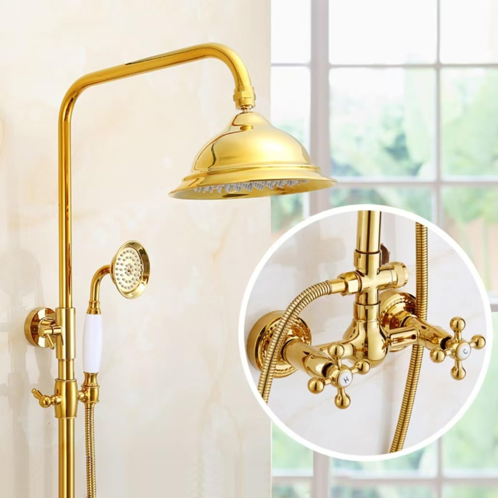 Fanjubei Twin Golden Gourds Bathroom Shower Set, Hot And Cold Water Faucet, Golden Gourd Double Handle Showerhead
