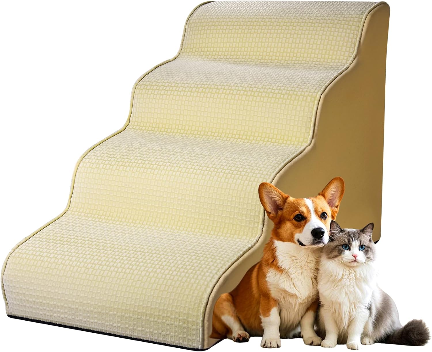 Dog Stairs for Small Dogs 19.7”H,Checked Flocking Fabric,with Cushioning Support Layer,4-Step Dog Steps for High Bed,Couch,Sofa and Chair,Non-Slip Balanced Pet Ramp Indoor, Beige 4-step Beige