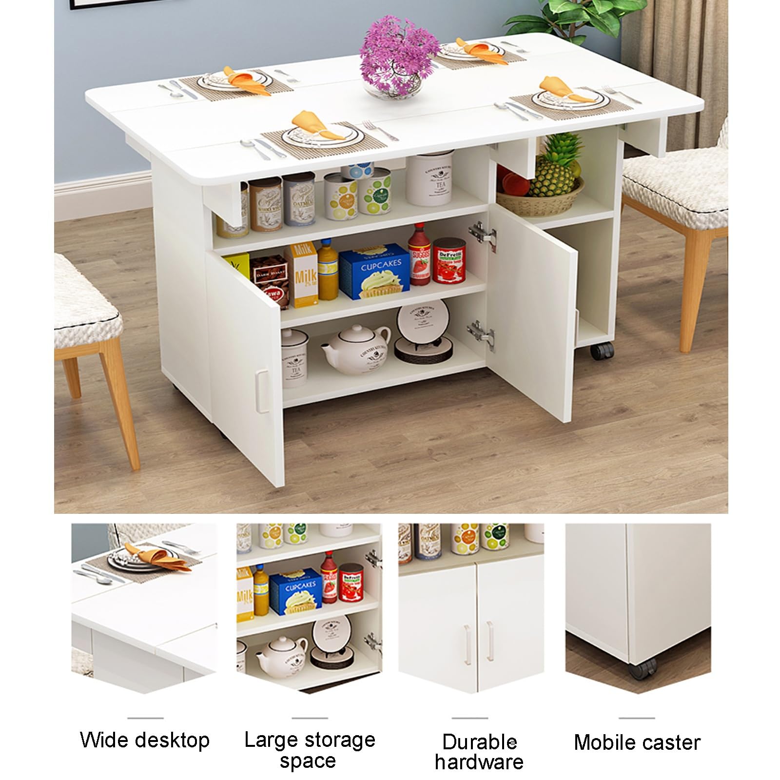 Tavolo da pranzo mobile pieghevole con armadietto e ripiano aperto, design salvaspazio su 6 ruote, per lavoro, studio e cenare, 80 cm, colore B
