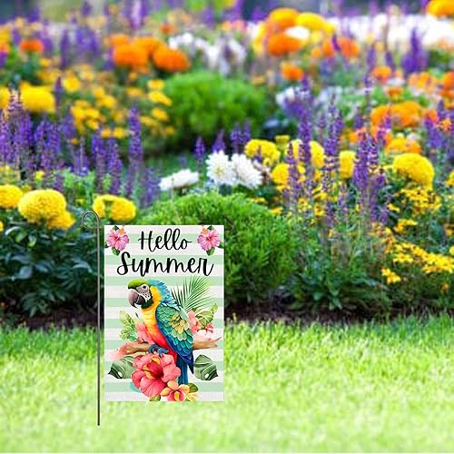 Miniatura 8 de Bandera de jardín de verano con loro de 12 x 18 pulgadas, bandera de doble cara con texto en inglés "Guacamayo Says Hello Summer", bandera de patio
