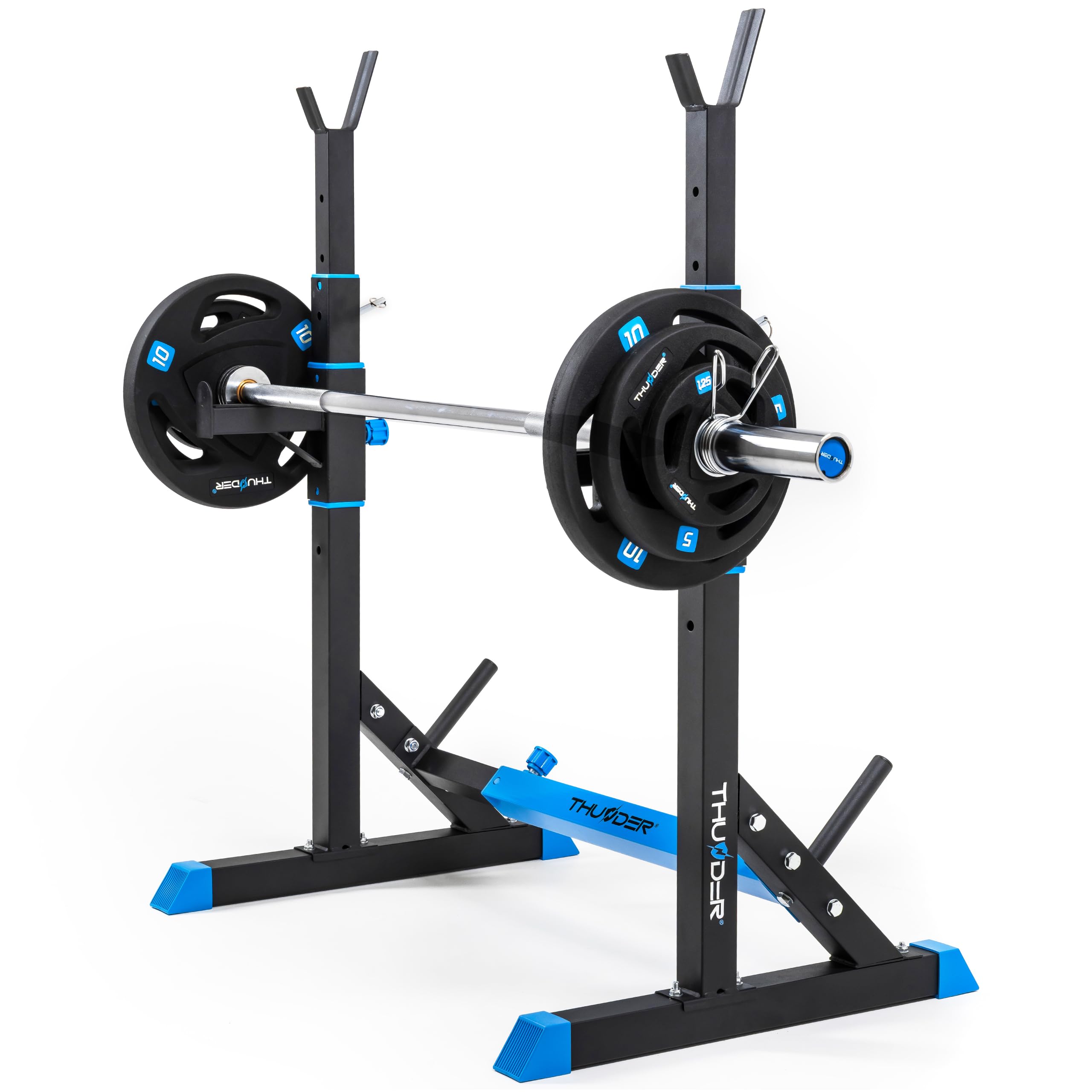 Soporte pesas THUNDER ajustable, con seguros, acero 200 kg, para press banca, sentadillas y fuerza.