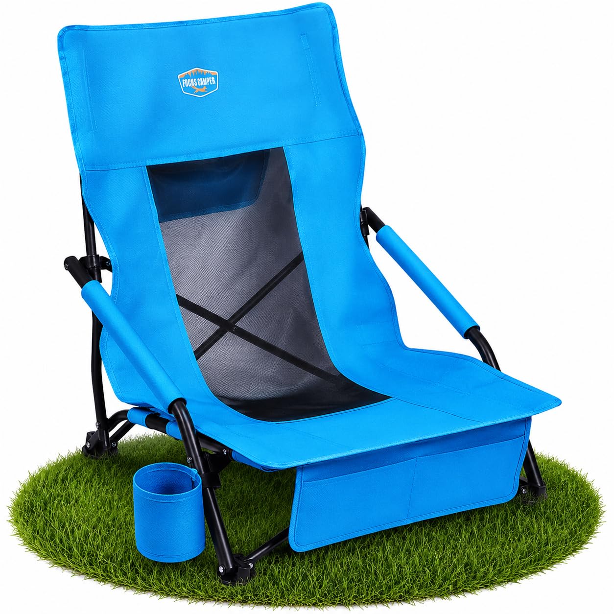 Strandstuhl klappbar leicht – Niedriger Campingstuhl mit hoher Rückenlehne – Faltbarer Outdoor-Stuhl mit Getränkehalter & Taschen – Bis 180 kg belastbar – Blau