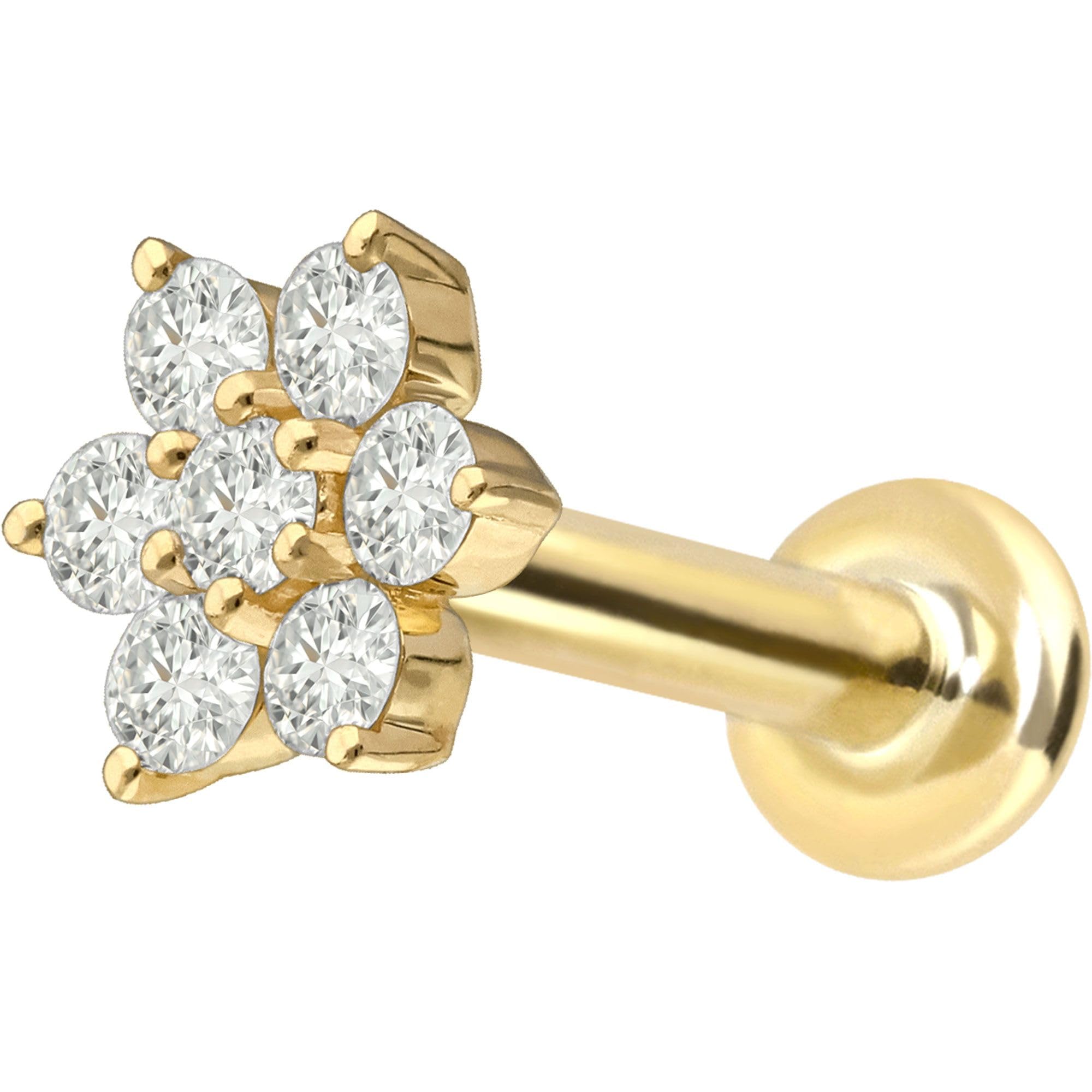 PIERCINGLINE Piercing Stecker 18 Gold Labret mit Innengewinde DIAMANT-BLUME 750er Gold - Goldfarben