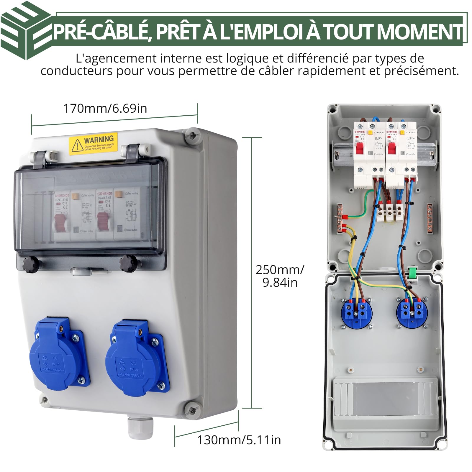 EYPINS Coffret Électrique de Chantier avec LS+FI-IP54 -Prise Schuko-230 V -Distributeur de Courant Électrique avec Disjoncteur Distributeur de Puissance Consommée pour Atelier/Usine/Garage