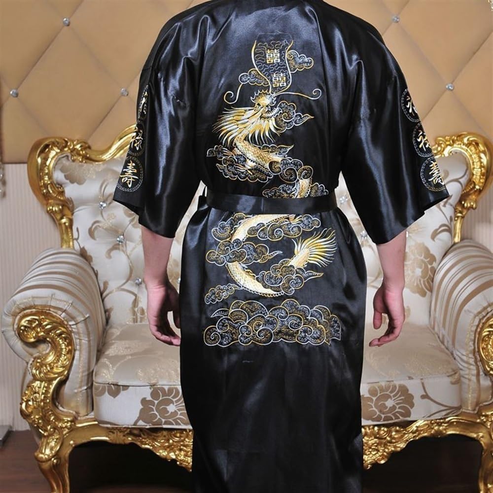mens silk dressing gown dragon Men Silky Satin Kimono Robe Soft Dragon Dressing Gown Bathrobe Male Lounge Home Wear Sleepwear Plus Size M-7XL,Black,M at Amazon Men's Clothing store
