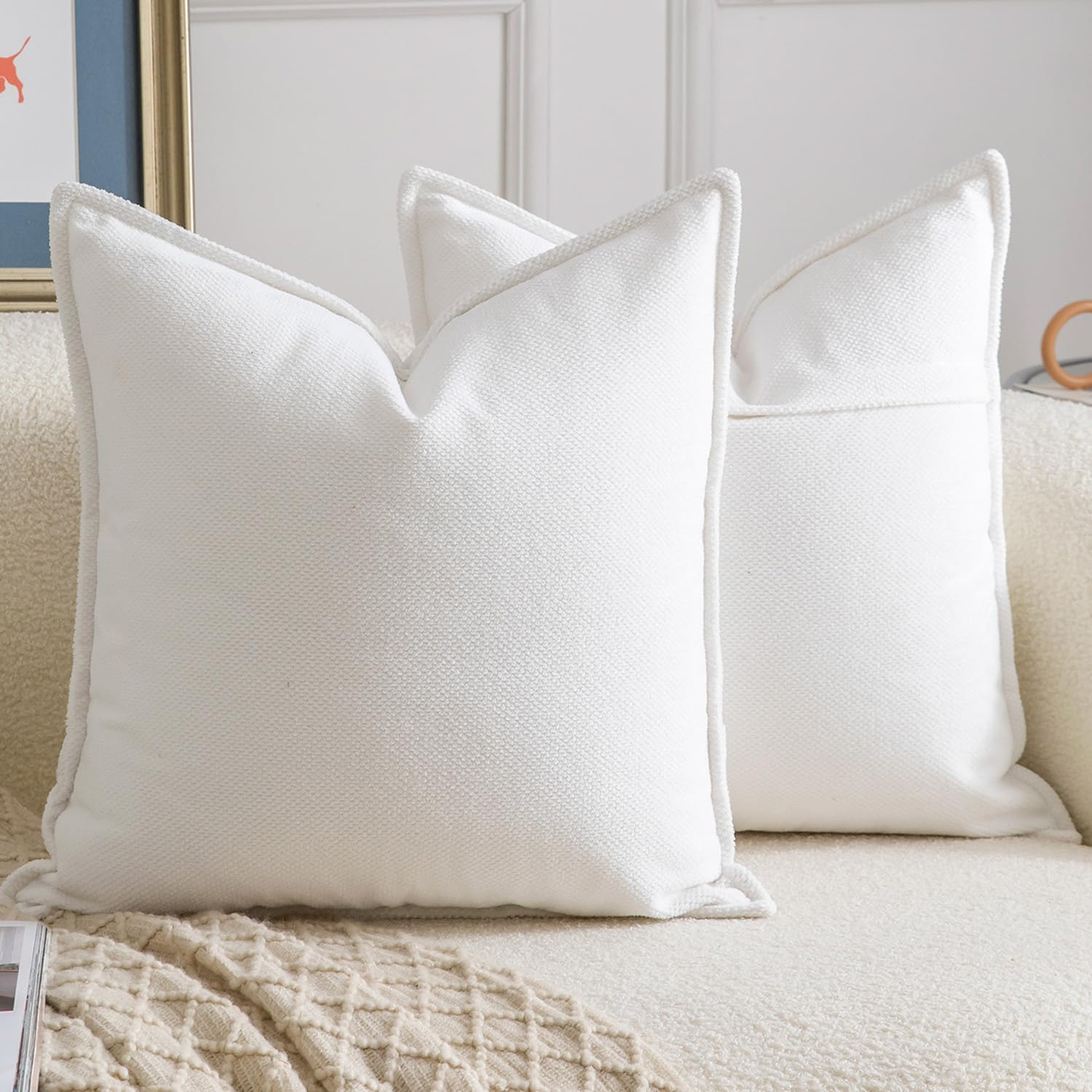 Madizz 2er Set Chenille Dekorativ Weiß Kissenbezüge Weiche neutrale Wurfkissen für Sofa Boho Akzent Zierkissenbezüge für Schlafzimmer Wohnzimmer Modernes Zuhause Dekor 55x55 cm