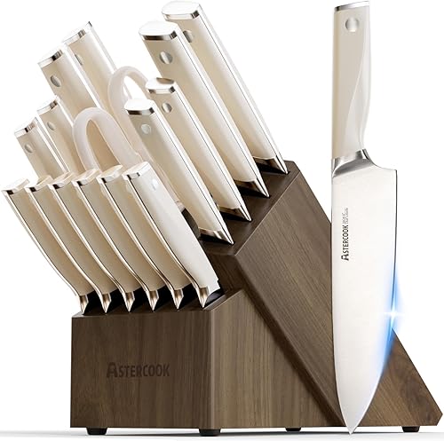 Astercook Juego de cuchillos de cocina con bloque y afilador Premium de espiga completa 17 piezas, cuchillos de acero inoxidable alemán aptos para