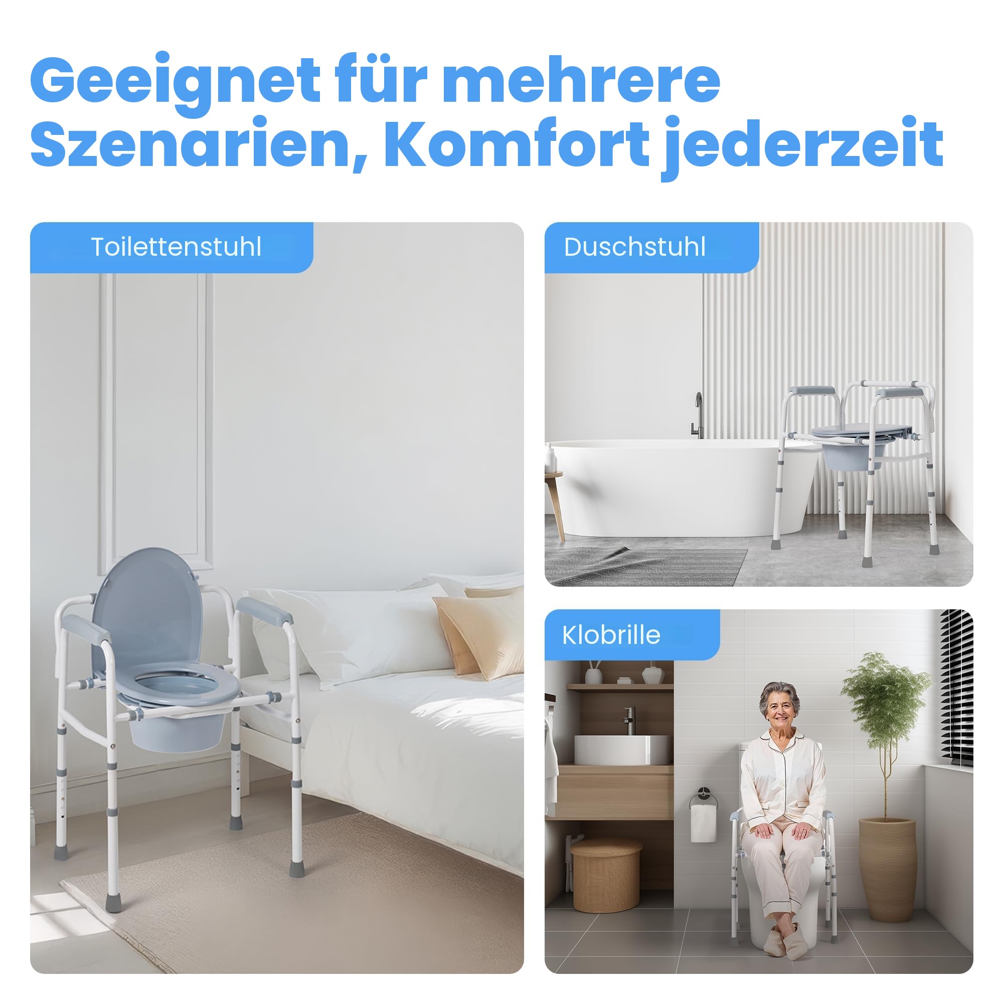Careboda Toilettenstuhl für Senioren mit Armlehnen, Stählerner Rahmen, 5 Verstellbare Höhen, Tragbar, Belastbarkeit bis 136 kg, 7,1 l Auffangbehälter, Grau