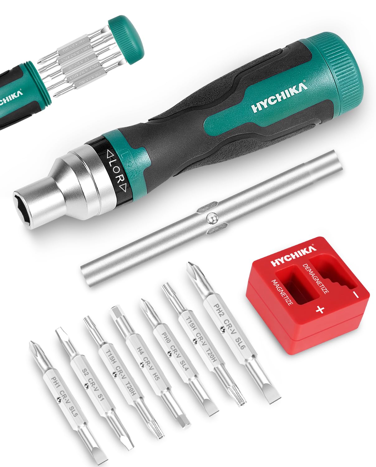 HYCHIKA Ratcheting Screwdriver 16-in-1, Magnetic Ratchet Screwdriver Set, Screw Driver Multi Bit All in One with Phillips, Slotted, Torx, Square, Hex