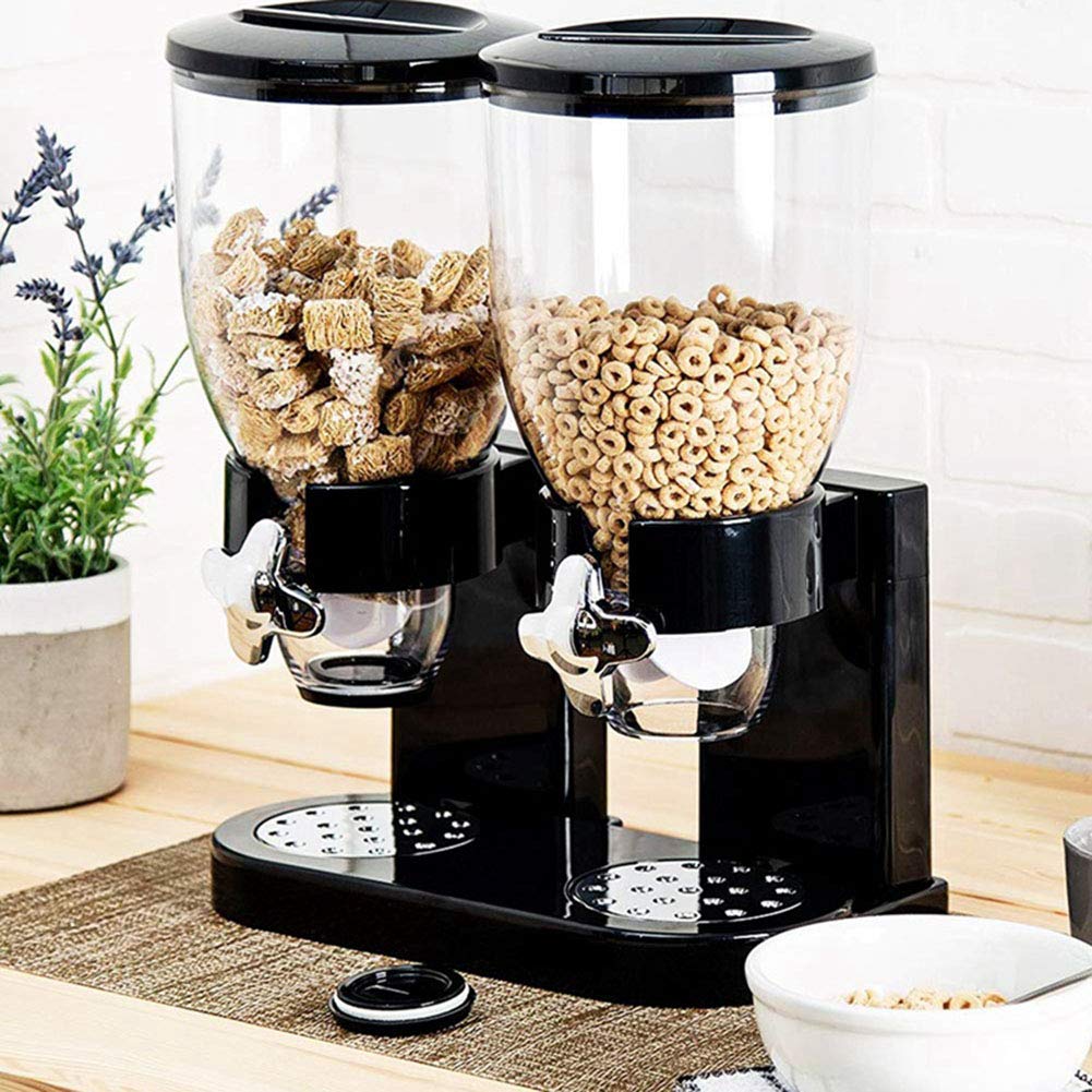 Li-HIM Dispensador de Cereal Doble: Recipiente de Almacenamiento de Alimentos Secos, herméticos y Transparentes con Bandeja de derrames incorporada, para el Desayuno/Comida para Perros y Gatos