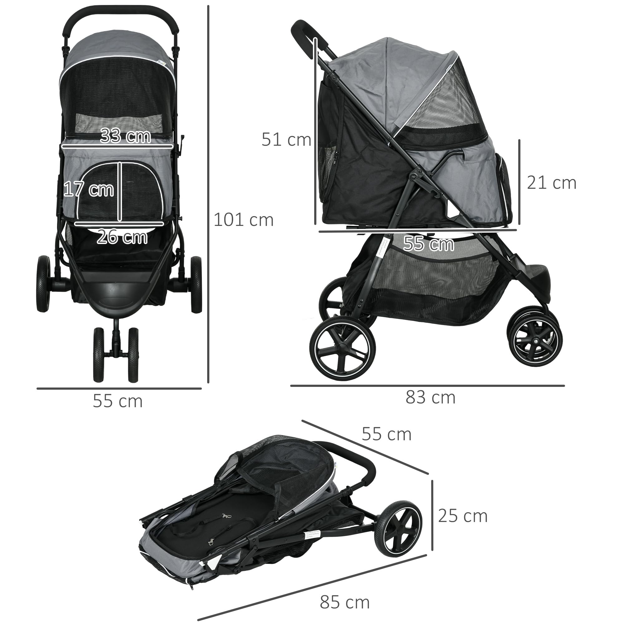 PawHut Poussette buggy pour chien, poussette pour chat animaux de compagnie pliable, 2 laisses, roues EVA, guidon réglable, panier, 83 x 55 x 101 cm, gris