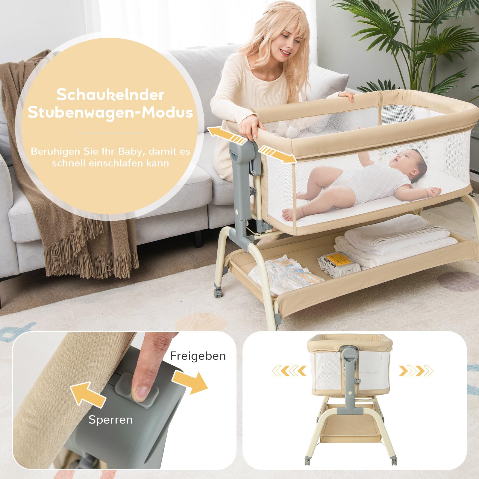 DREAMADE 3 in 1 Baby Beistellbett, 90 × 55cm Reisebett mit Matratze, Moskitonetz & 4 Rädern, 6-stufig-höhenverstellbar Stubenwagen mit Neigung, Babywiege für Säuglinge 0-6 Monate (Beige)