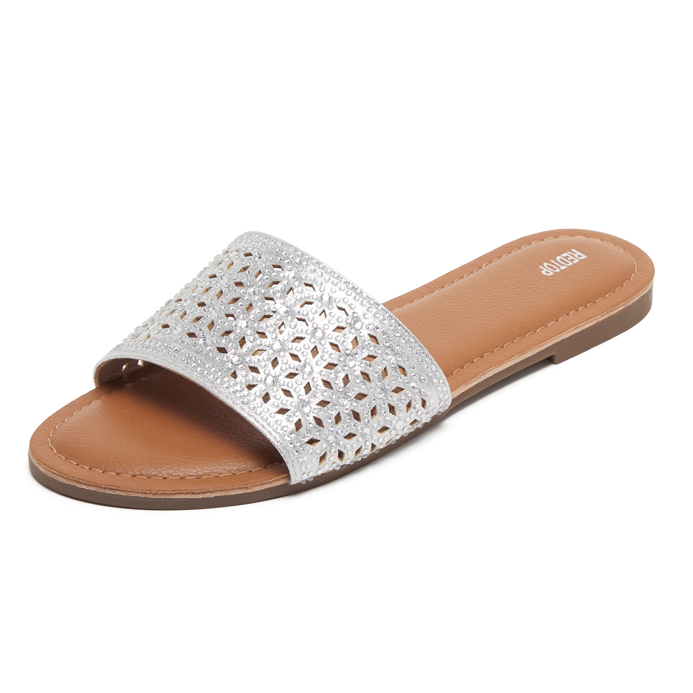 REDTOP Women's Rhinestone Sandals Slide Glitter Bling Casual Sandal Flat Open Toe Sparkle Slides