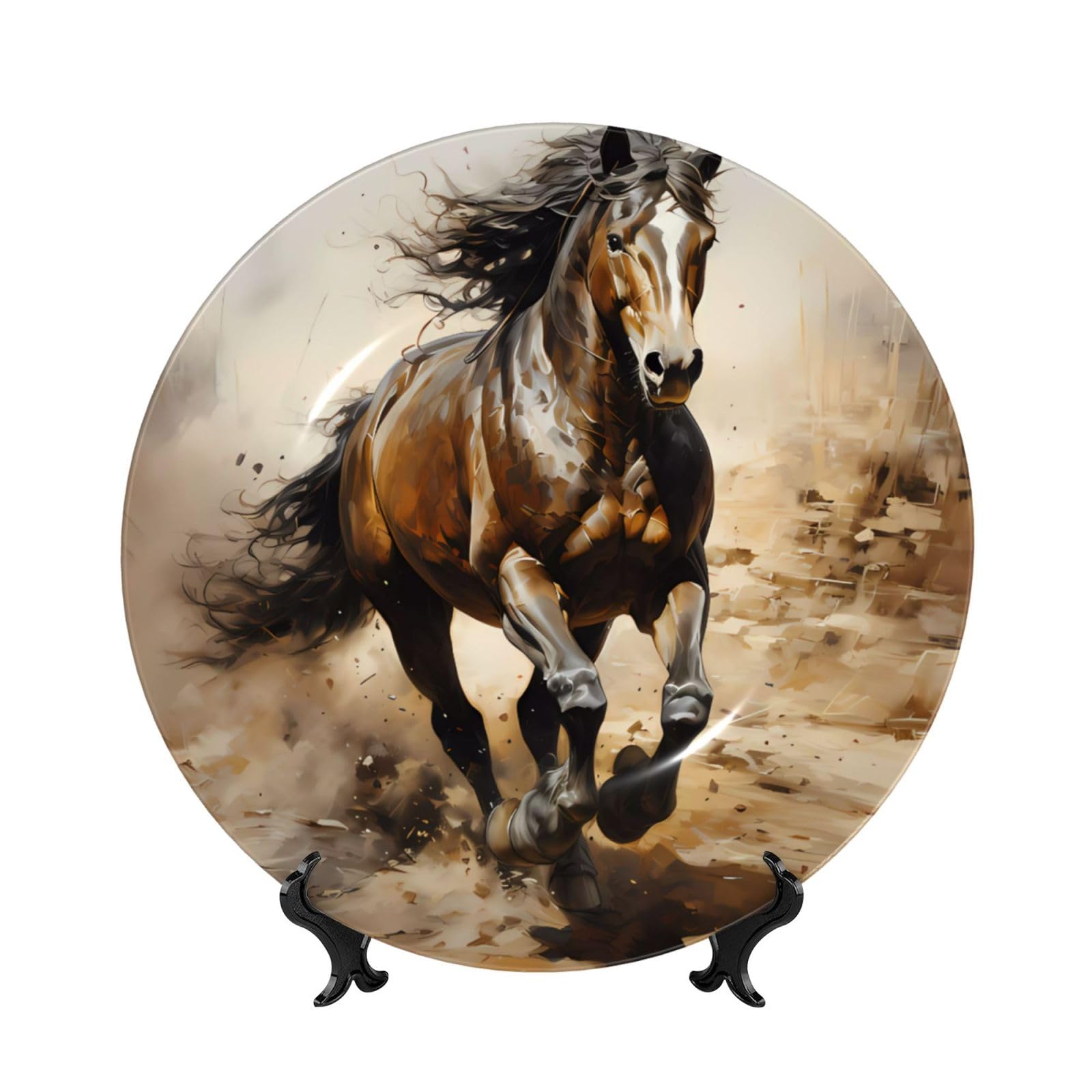 SXZVVBN Western Horse Bone China Decorative Plate Art with Stand Removable Adhesive Hanging for Home Office 6in（15cm）