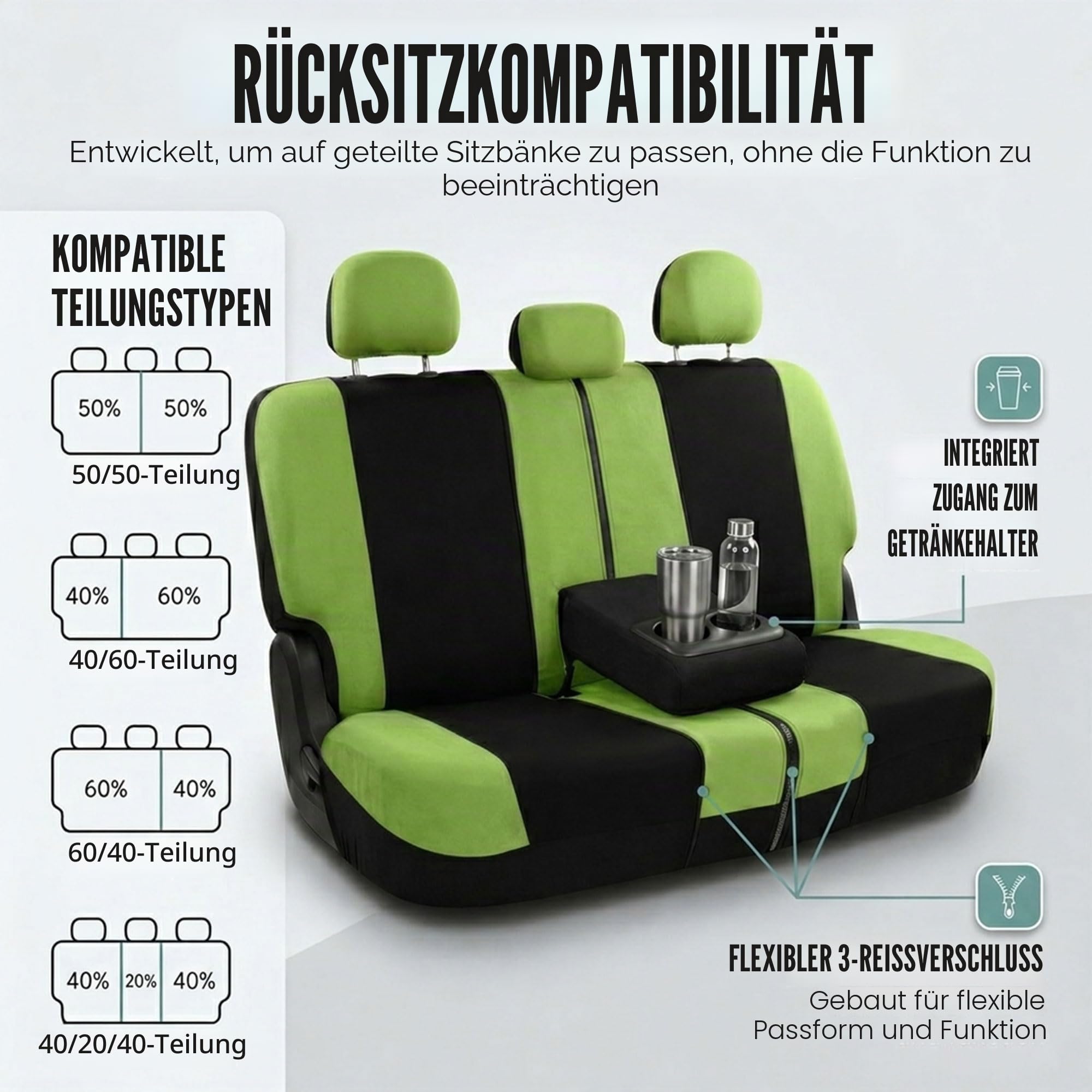 FH GROUP FB030GREEN-COMBO Autositzbezüge, universelle Passform, Kombi-Set mit Lenkradbezug und Sicherheitsgurtpolster, für die meisten Pkw, SUV, LKW, Airbag-kompatibel, Geteilte Rückbank, Grün