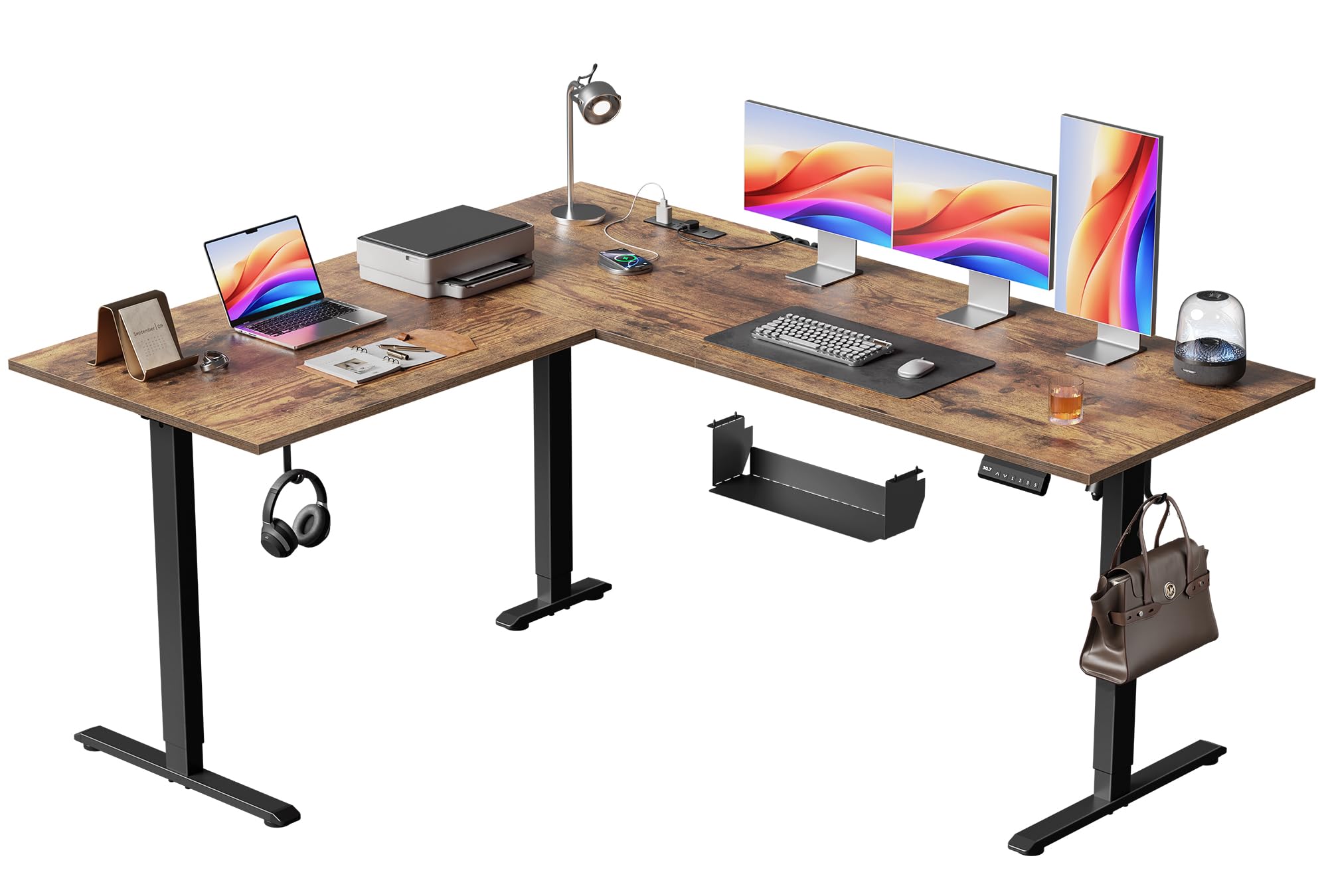 63 Inch L Shaped Electric Standing Desk, Corner Workstation, Rustic Brown